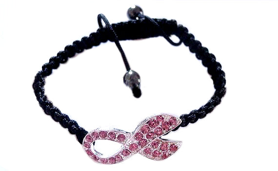 Pink Crystal Breast Cancer Awareness Ribbon Black Bracelet