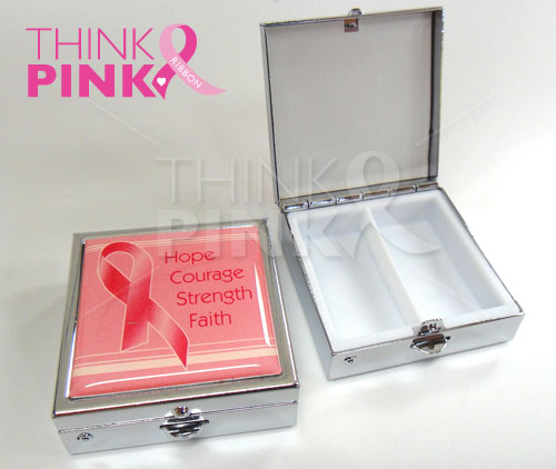 Breast Cancer Pink Ribbon Pill Box -"Hope, Courage, Strength, Faith"