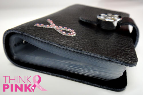 Pink Ribbon Leather Credit Card - Name Card Holder - Black