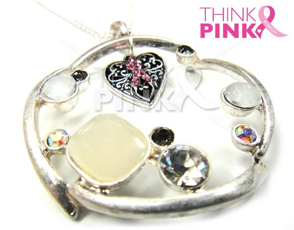 Long Round Pendant with Pink Ribbon Heart Charm