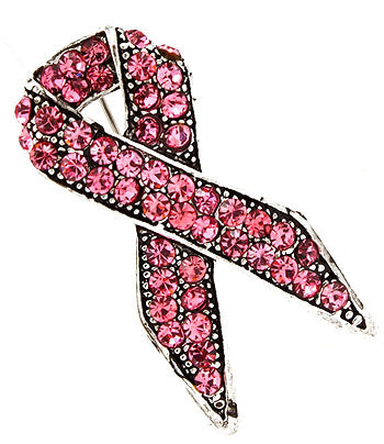 Pink Rhinestones Breast Cancer Awareness Ribbon Brooch Pin 1.75"