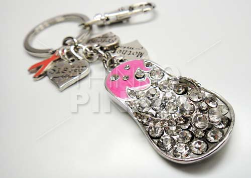 Pink Flip Flop Key Chain w- Pink Ribbon, Mother, Sister & Friend Charms