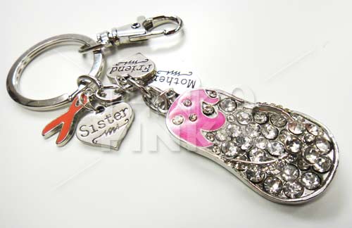 Pink Flip Flop Key Chain w- Pink Ribbon, Mother, Sister & Friend Charms