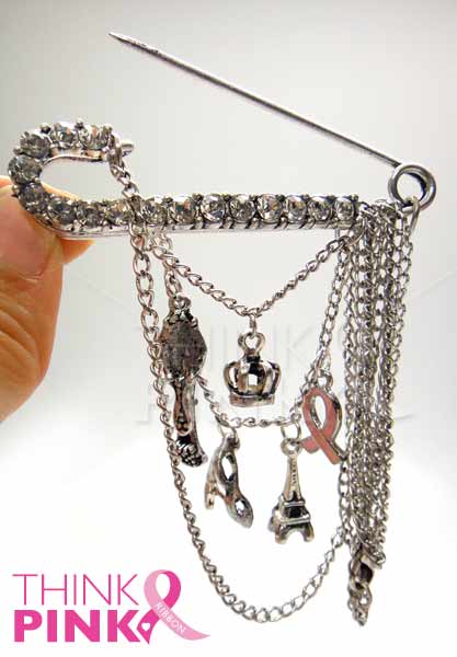 Antique Style Long Charm Necklace - Brooch