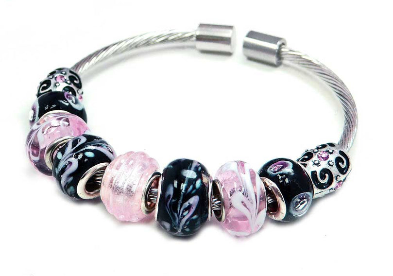 Pink and Black Glass Beads Bangle Bracelet