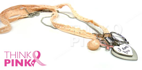 Dual-Strand Lace Charm Necklace with Pink Ribbon Charm