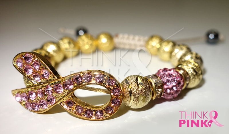 Breast Cancer Ribbon Gold Beaded Adjustable Bracelet