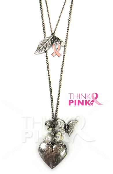 Two Uneven Strand Charm Necklace with Pink Ribbon Charm