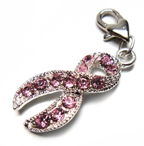 Silver Plated Pink Ribbon Breast Cancer Awareness Rhinestone Charm