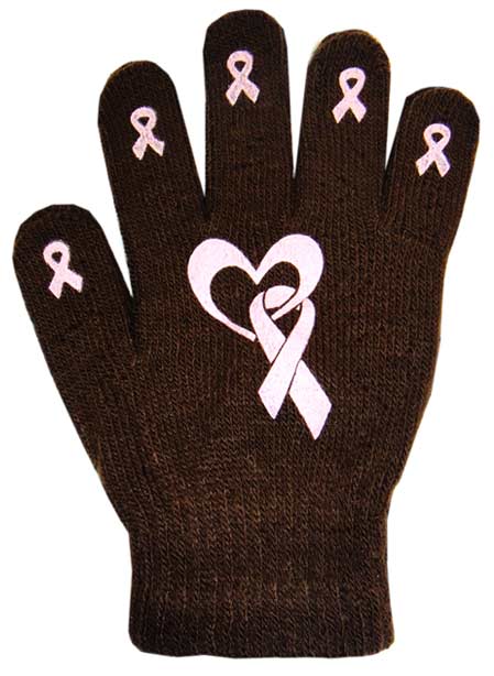 Ladies Non-Skid Pink Ribbon Gloves Heart and Ribbon - Style 04