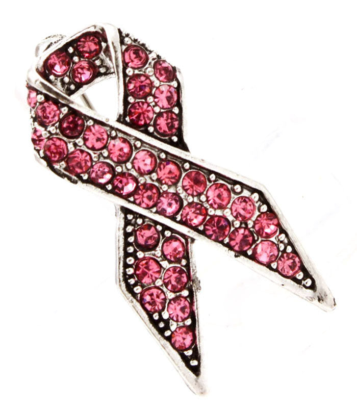Pink Rhinestones Breast Cancer Awareness Ribbon Brooch Pin 1 1-4"