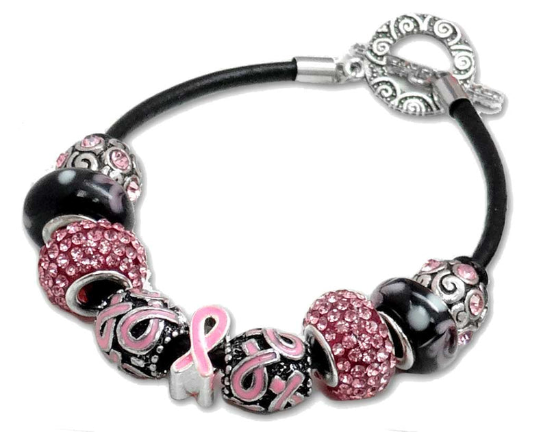Pink Ribbon Enamel Black Leather Toggle Bracelet