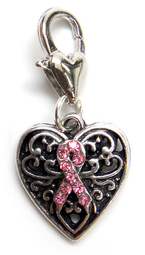 Breast Cancer Silver Tone Pink Ribbon Rhinestone Heart Charm - Pendant
