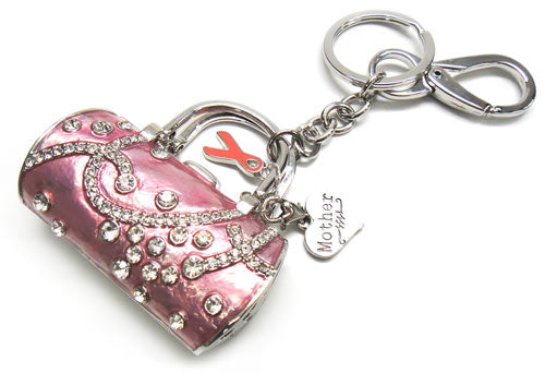 Pink Ribbon Crystal Handbag Key Chain with Mother Charm