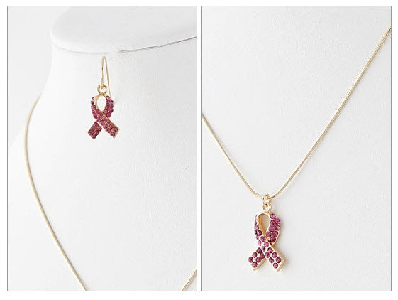 Pink Ribbon Cz Pendant & Earring Set