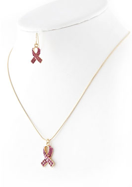 Pink Ribbon Cz Pendant & Earring Set