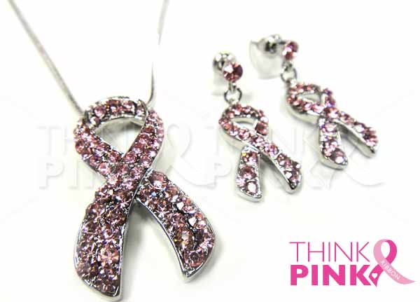 Pink Ribbon Crystal Stud Pendant & Earring Set
