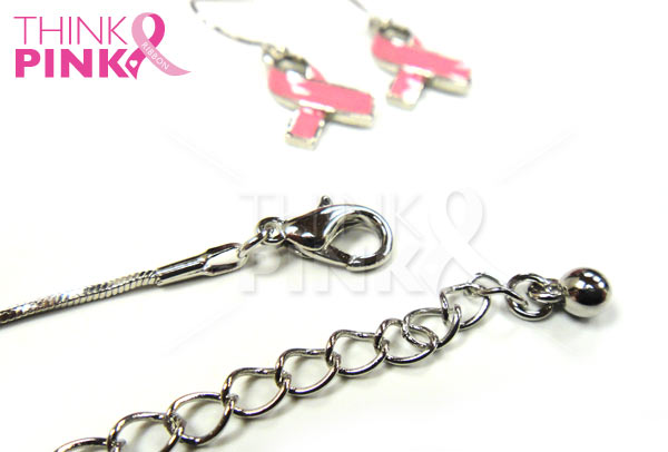 Pink Ribbon Pendant and Earrings Set - Silver Plated