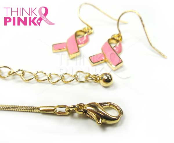 Pink Ribbon Pendant and Earrings Set - Gold Plated