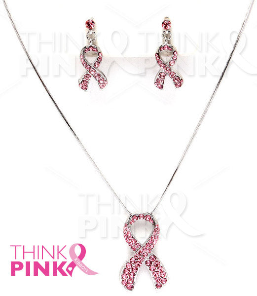 Pink Ribbon Crystal Stud Pendant & Earring Set