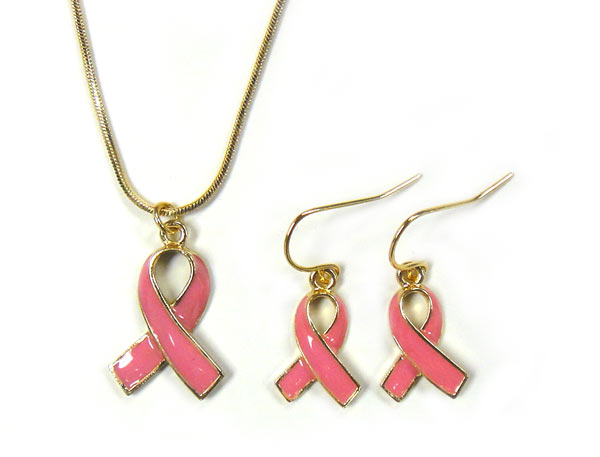 Pink Ribbon Pendant and Earrings Set - Gold Plated