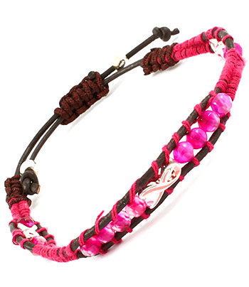 Adjustable Pink Cord Bracelet with Breast Cancer Awareness Ribbon and beads
