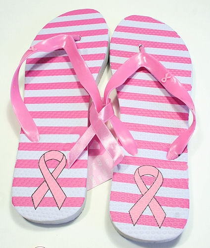 Pink Ribbon Flip Flops - White - Stripes