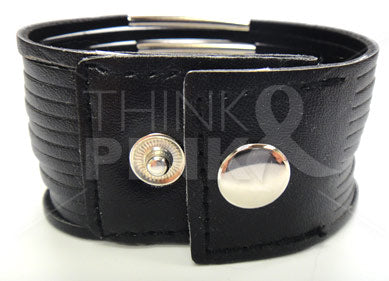 Multi-Layer Leather Bracelet w-Pink Ribbon Charm -Black