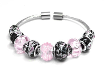 Pink and Black Glass Beads Bangle Bracelet