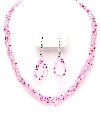 Pink Multi Strand Necklace and Earing Set