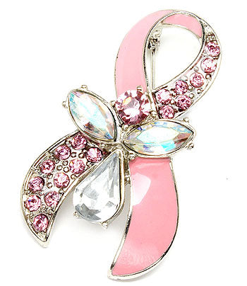 Pink Breast Cancer Awareness Ribbon Pendant & Brooch with Pink CZ and Crystal Studs