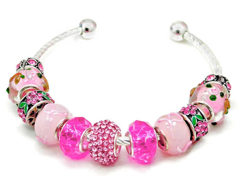 Pink Ribbon Glass Bead Bangle with Pink Crystal Flower Rhinestone