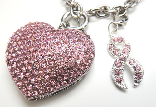 Pink Ribbon Crystal Heart Toggle Bracelet