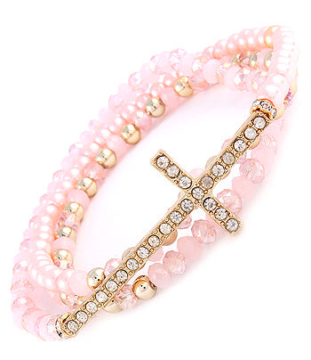 Pink Bead Crystal Cross Stretch Bracelet