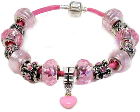 Heart Charm Light Pink Leather Bead Bracelet