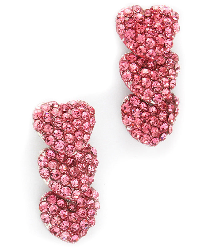 Pink Ribbon Crystal Heart Dangling Stud Earrings