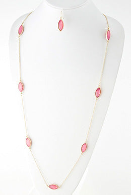 Pink Ribbon with Marquise-shape Pink Stone Necklace and Earrings Set