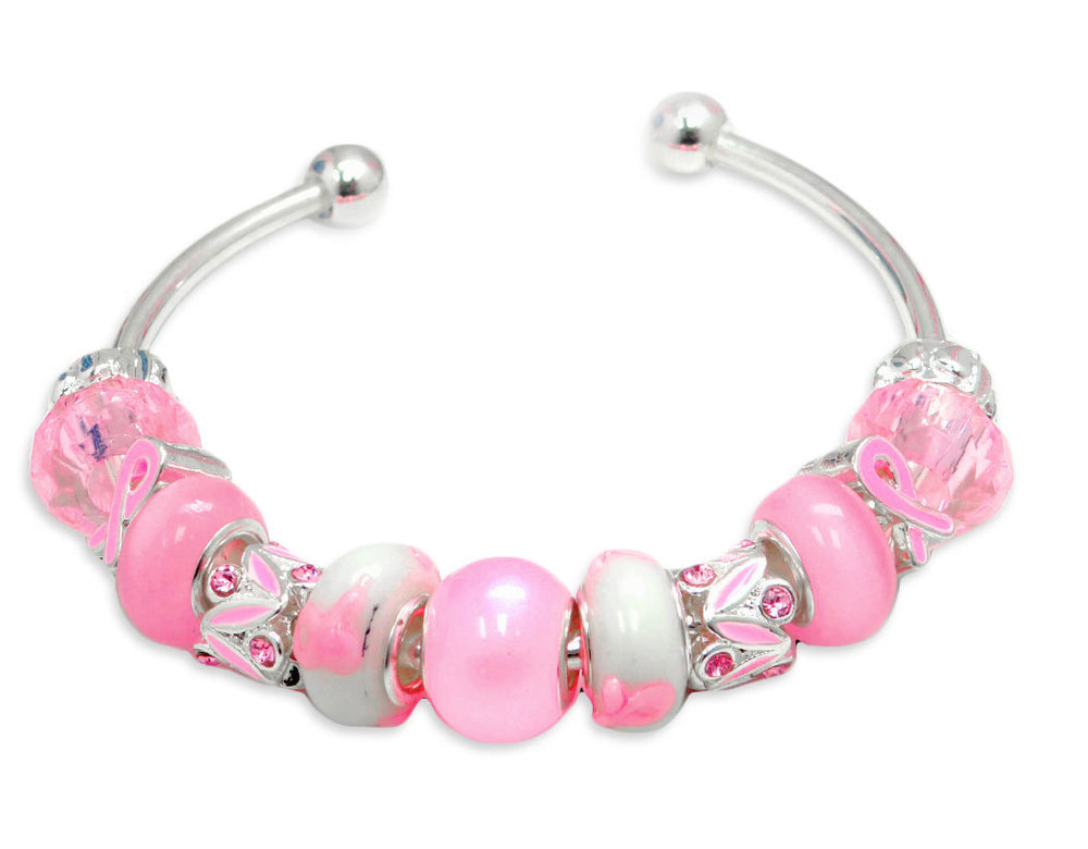 Pink Ribbon Glass Beads Bangle Bracelet