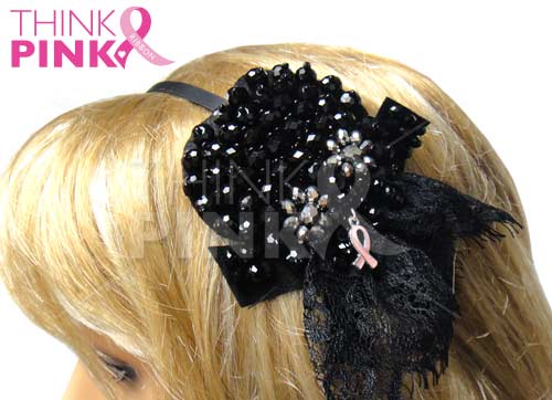 Pink Ribbon Black Bead Headband