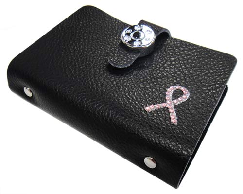 Pink Ribbon Leather Credit Card - Name Card Holder - Black