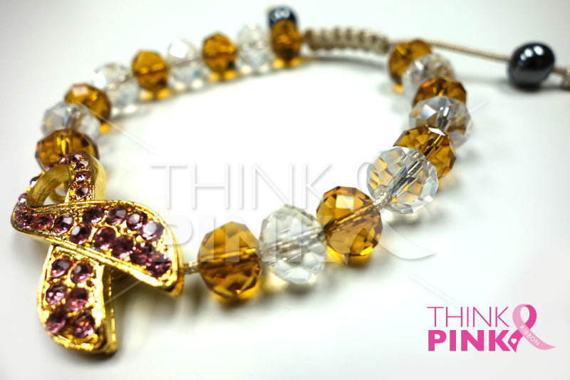 Gold Breast Cancer Awareness Cord Bracelet with Crystal Beads