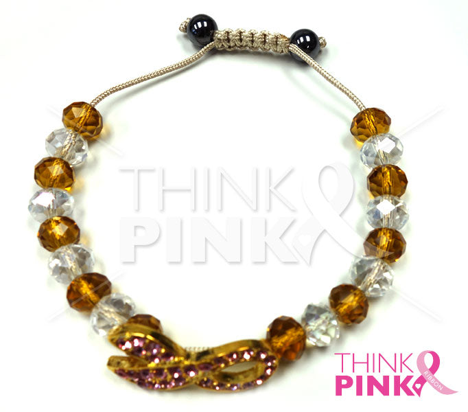 Gold Breast Cancer Awareness Cord Bracelet with Crystal Beads