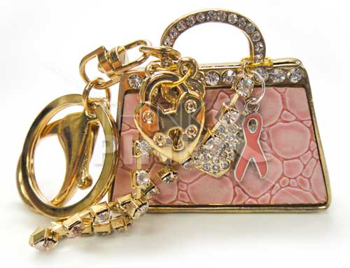 Pink Ribbon Key Chain - Pink & Gold Tone Handbag