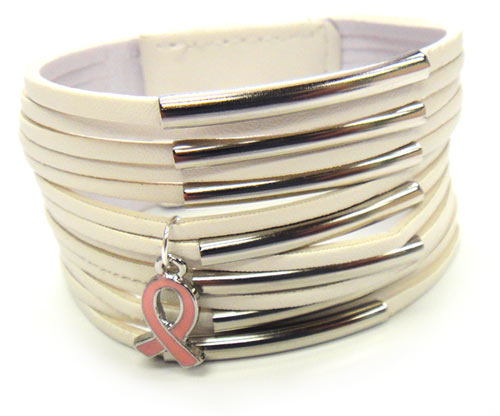 Multi-Layer Leather Bracelet w-Pink Ribbon Charm -White