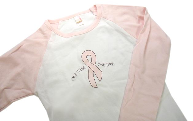 "One Cause One Cure" Round Neck Pink 3-4 Sleeves White T-shirt - Small