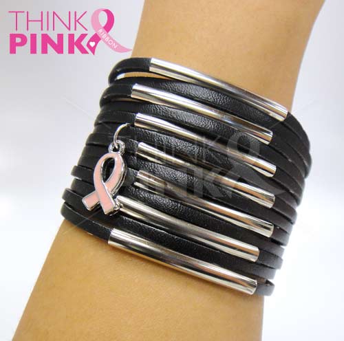 Multi-Layer Leather Bracelet w-Pink Ribbon Charm -Black