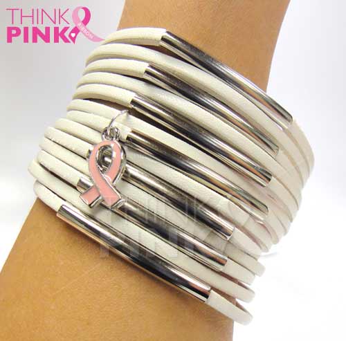 Multi-Layer Leather Bracelet w-Pink Ribbon Charm -White