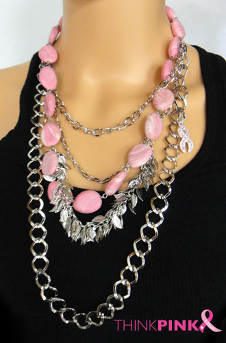Pink Bead Necklace and Pink Ribbon Earring Set