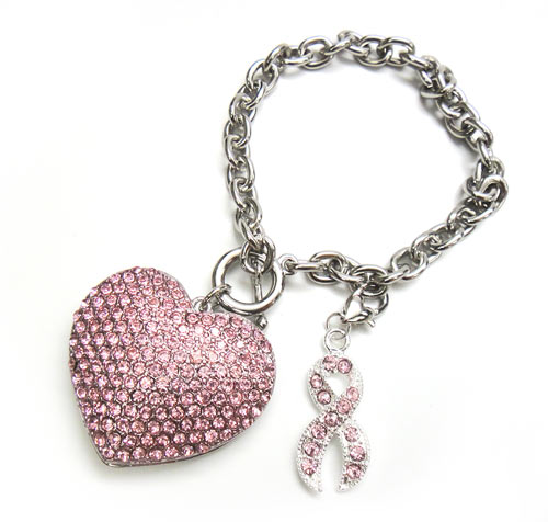 Pink Ribbon Crystal Heart Toggle Bracelet