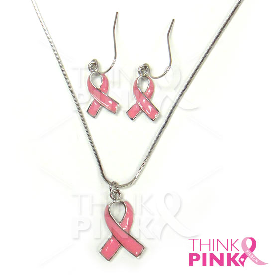 Pink Ribbon Pendant and Earrings Set - Silver Plated